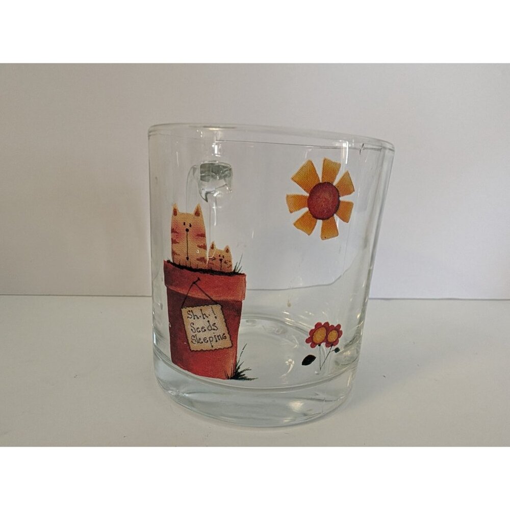 Glass Coffee Mug With Cat & Sunflower Print Made in USA